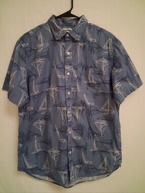 Old Navy Men’s Size L Blue Sailboat Print Short Sleeve Button Down Shirt